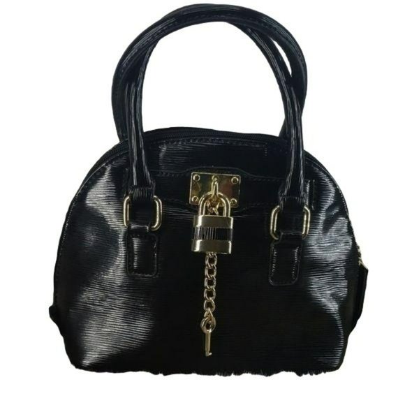 Apt. 9 Lock and Key Accent Black Vinyl Zip Up Purse Handbag - Picture 1 of 8